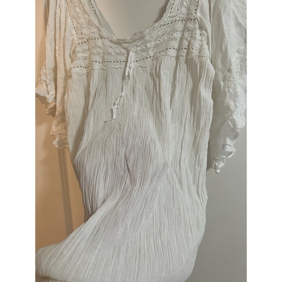 Doen Square neckline with crochet scallop trim, flutter sleeves, pleated Dress L - Picture 10 of 14